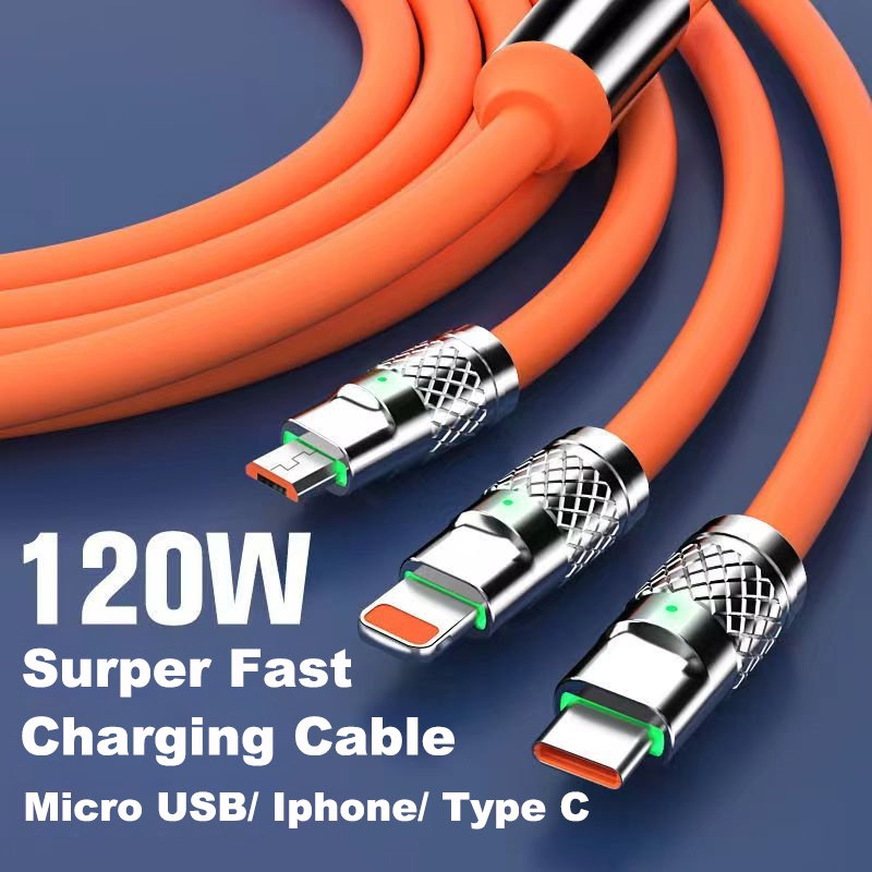 Dây sạc nhanh 3 đầu 120w BỌC THÉP cao cấp cho các dòng máy