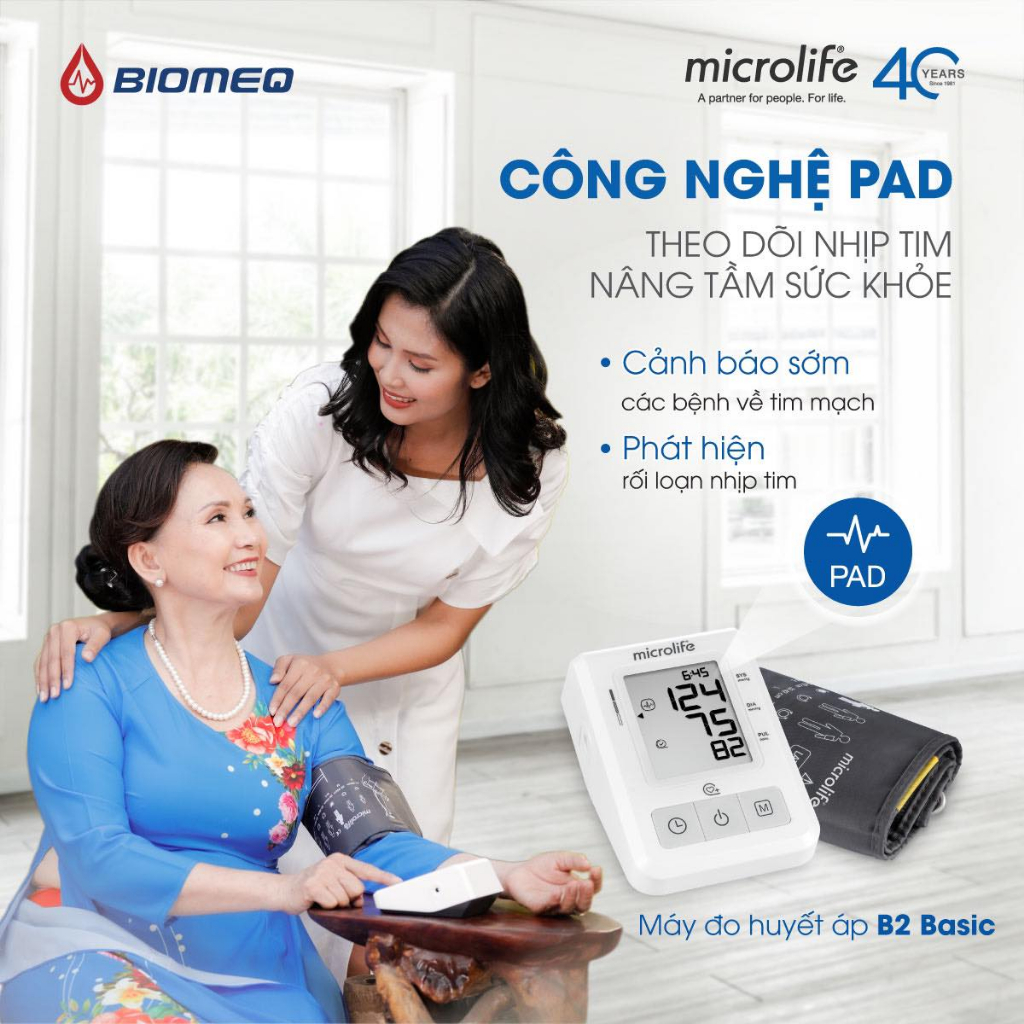 Máy Đo Huyết Áp Điện Tử Bắp Tay Microlife B2 Basic, Đo Huyết Áp, Nhịp Tim, Dễ Sử Dụng Tại Nhà, Bảo Hành 5 Năm