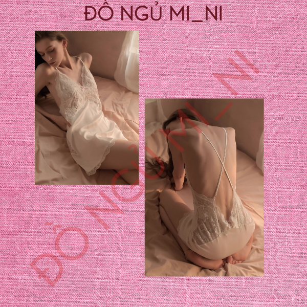 Váy Ngủ Nữ Lụa Trơn Phối Ren, Dây Đeo Chéo Lưng Thoáng Mát Dáng Xuông Liền Thân_Tặng Quần Lót VN09