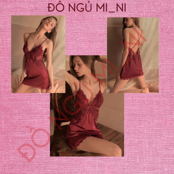 Váy Ngủ Nữ Lụa Trơn Phối Ren, Dây Đeo Chéo Lưng Thoáng Mát Dáng Xuông Liền Thân_Tặng Quần Lót VN09