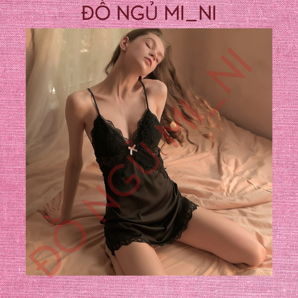 Váy Ngủ Nữ Lụa Trơn Phối Ren, Dây Đeo Chéo Lưng Thoáng Mát Dáng Xuông Liền Thân_Tặng Quần Lót VN09