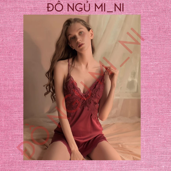 Váy Ngủ Nữ Lụa Trơn Phối Ren, Dây Đeo Chéo Lưng Thoáng Mát Dáng Xuông Liền Thân_Tặng Quần Lót VN09