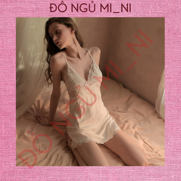 Váy Ngủ Nữ Lụa Trơn Phối Ren, Dây Đeo Chéo Lưng Thoáng Mát Dáng Xuông Liền Thân_Tặng Quần Lót VN09