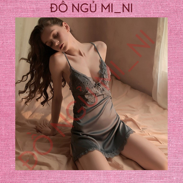 Váy Ngủ Nữ Lụa Trơn Phối Ren, Dây Đeo Chéo Lưng Thoáng Mát Dáng Xuông Liền Thân_Tặng Quần Lót VN09