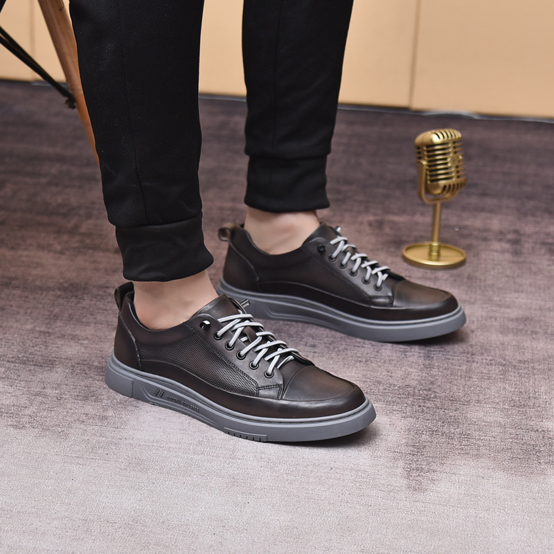 Giày Sneaker Nam cổ ngắn da bò Chính Hãng HT.NeO ,Giày nam 4 mùa trẻ trung 2 màu năng động, dây chun buộc họa tiết GN32