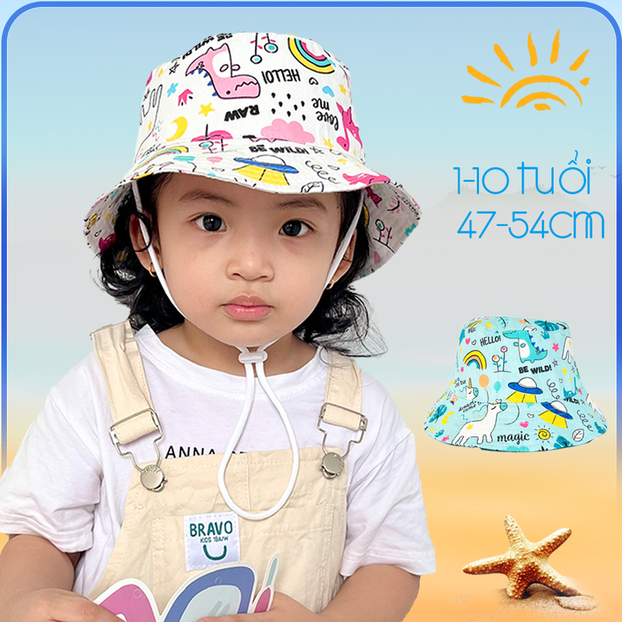 Nón rộng vành bucket chống nắng họa tiết ngộ nghĩnh cho bé 1-14 tuổi, chất COTTON mềm mát phong cách Hàn Quốc