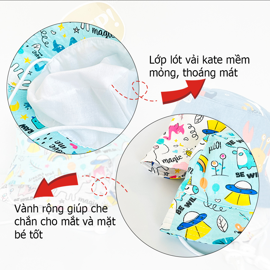 Nón rộng vành bucket chống nắng họa tiết ngộ nghĩnh cho bé 1-14 tuổi, chất COTTON mềm mát phong cách Hàn Quốc