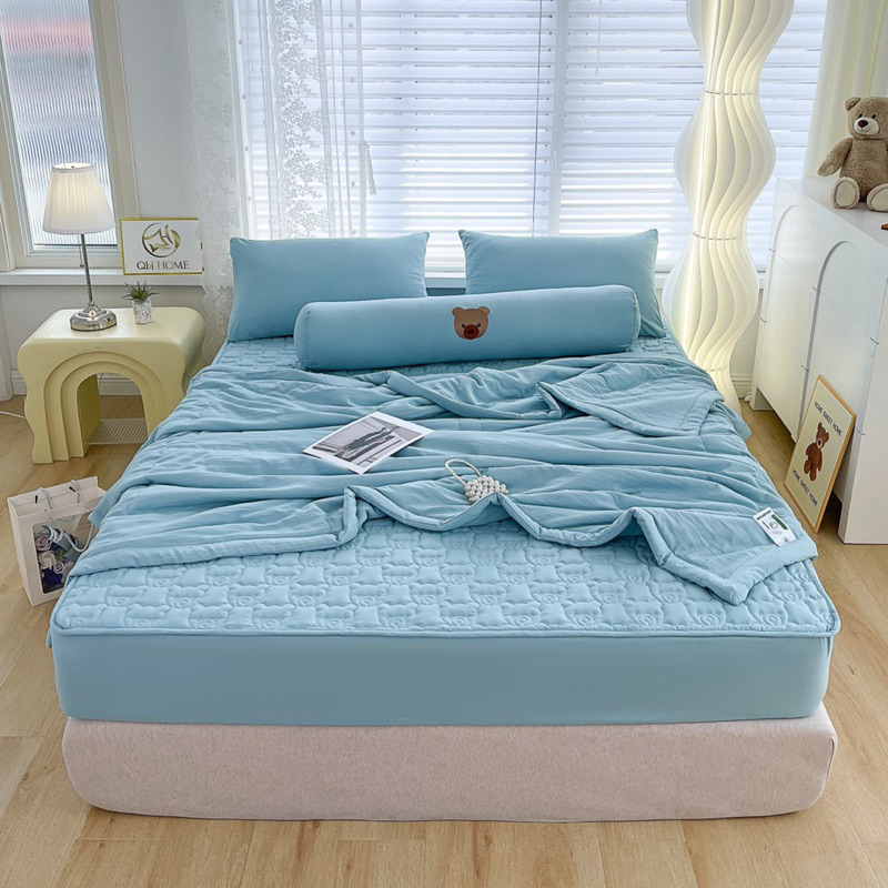 Set ga cotton đũi trần nổi hình gấu IGUN BEDDING bọc nệm cao cấp