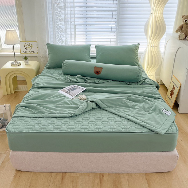 Set ga cotton đũi trần nổi hình gấu IGUN BEDDING bọc nệm cao cấp