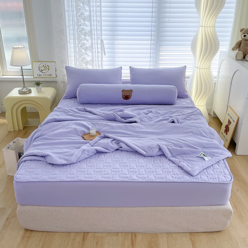 Set ga cotton đũi trần nổi hình gấu IGUN BEDDING bọc nệm cao cấp