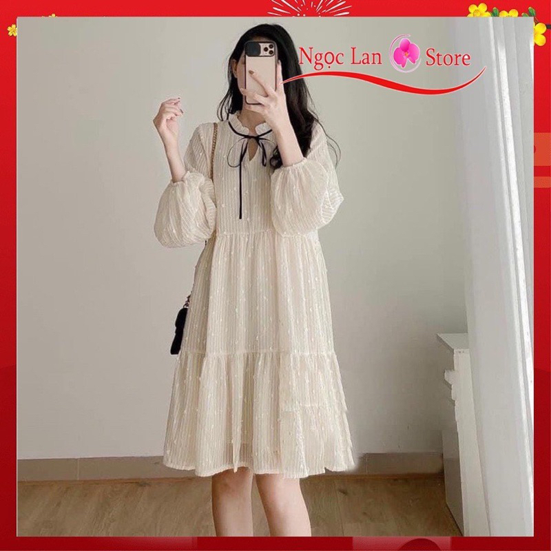 Đầm - Váy babydoll voan chấm bi 3 tầng thắt nơ siêu xinh, Đầm kimsa 2 lớp- váy tiểu thư xinh xắn