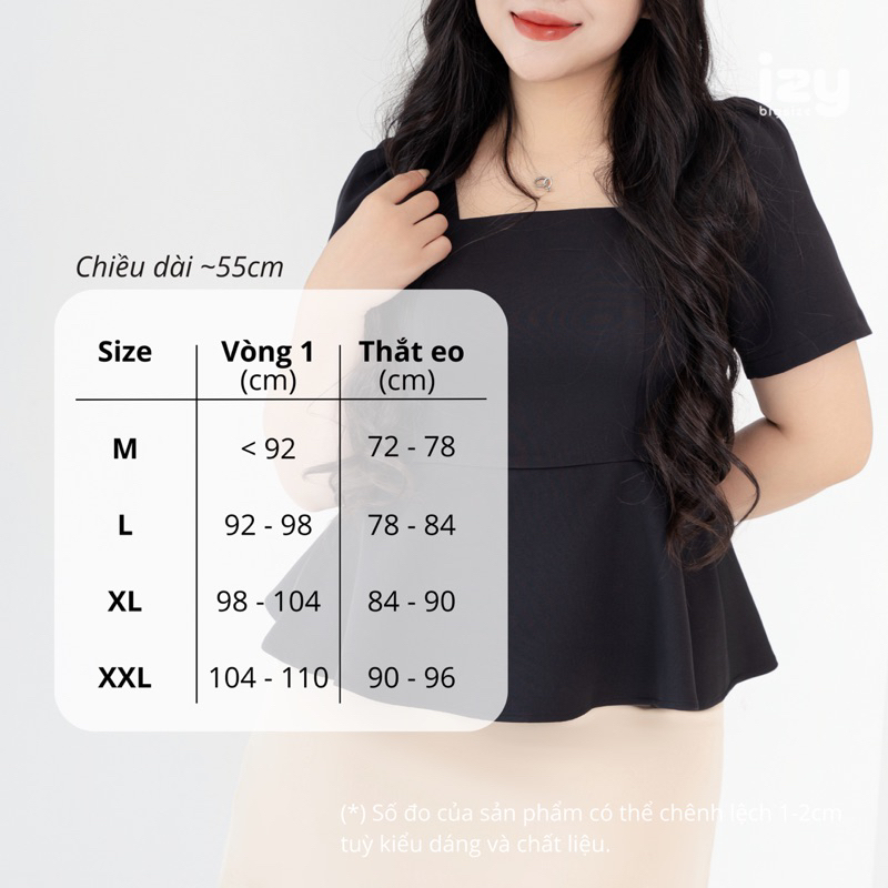ÁO PEPLUM BIGSIZE ĐEN TAY SUÔNG ĐAN DÂY LƯNG - 23A11 - IZYBYNHI