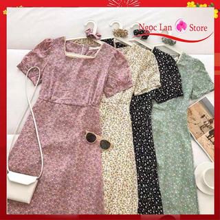 Váy hoa cổ vuông thiết kế tay bồng