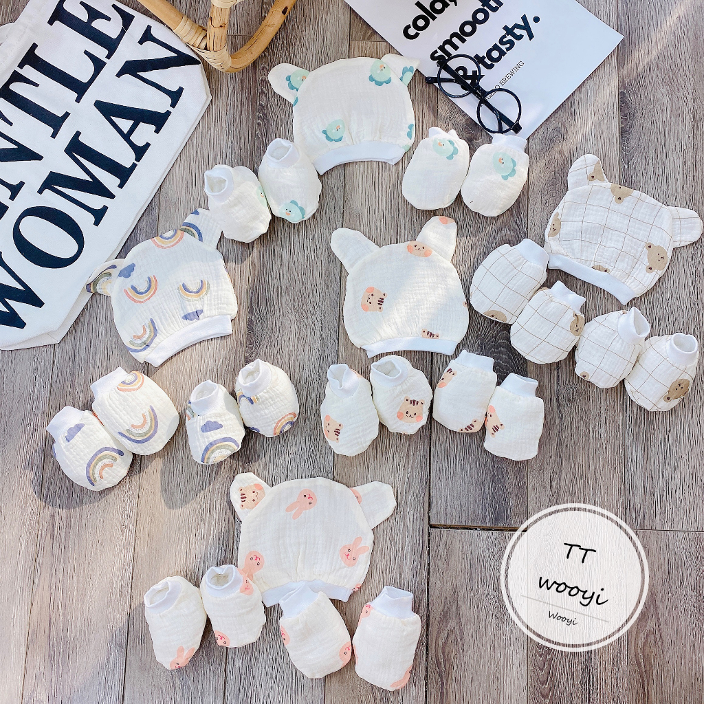 Sét mũ và bao tay bao chân MUSLIN 5 MÓN chất đẹp đáng yêu cho bé SM12