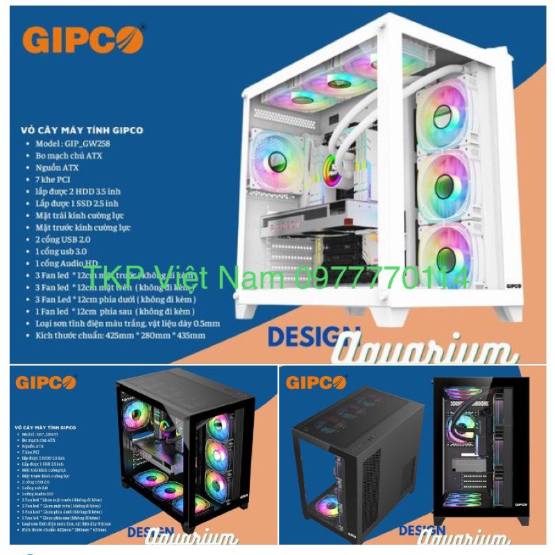 Vỏ Case máy tính GIPCO AQUARIUM - Form ATX Black and White