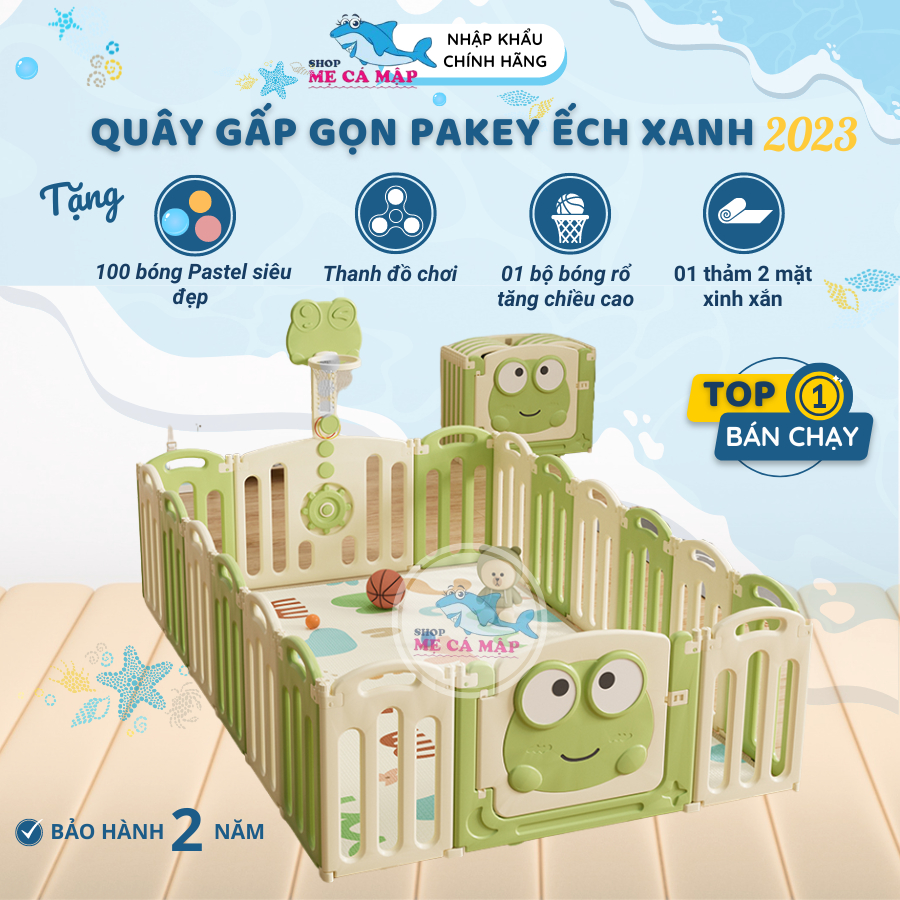 Quây Nhựa Gấp Gọn Pakey 2023 Tặng THẢM + TRỤ BÓNG RỔ+ 100 BÓNG, Quây Cũi Cho Bé Hình Ếch Xanh Đáng Yêu, Bảo Hành 2 Năm