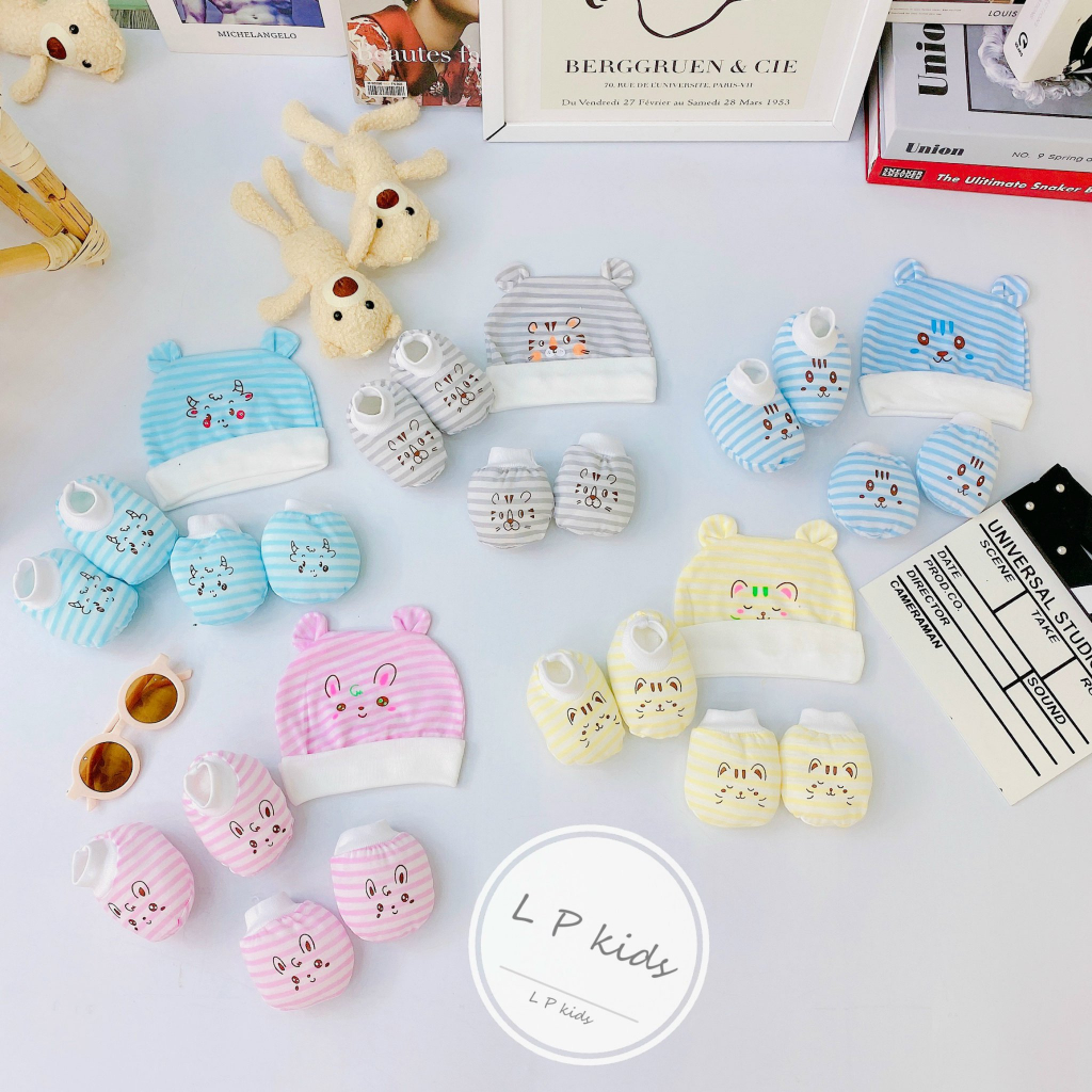 Sét mũ và bao tay bao chân KẺ HỌA TIẾT 5 MÓN chất cực đẹp đáng yêu cho bé SM10