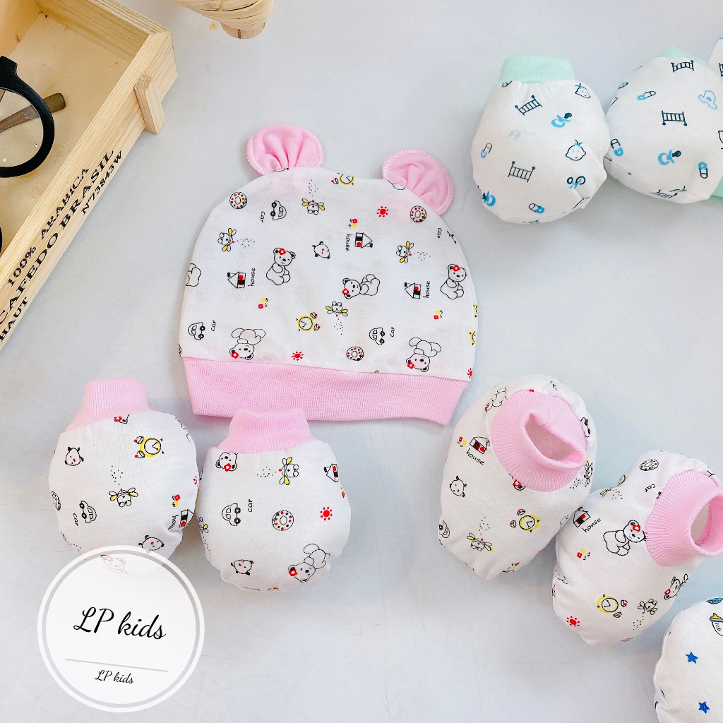 Sét mũ và bao tay bao chân BÌNH SỮA 5 MÓN chất cực đẹp đáng yêu cho bé SM05