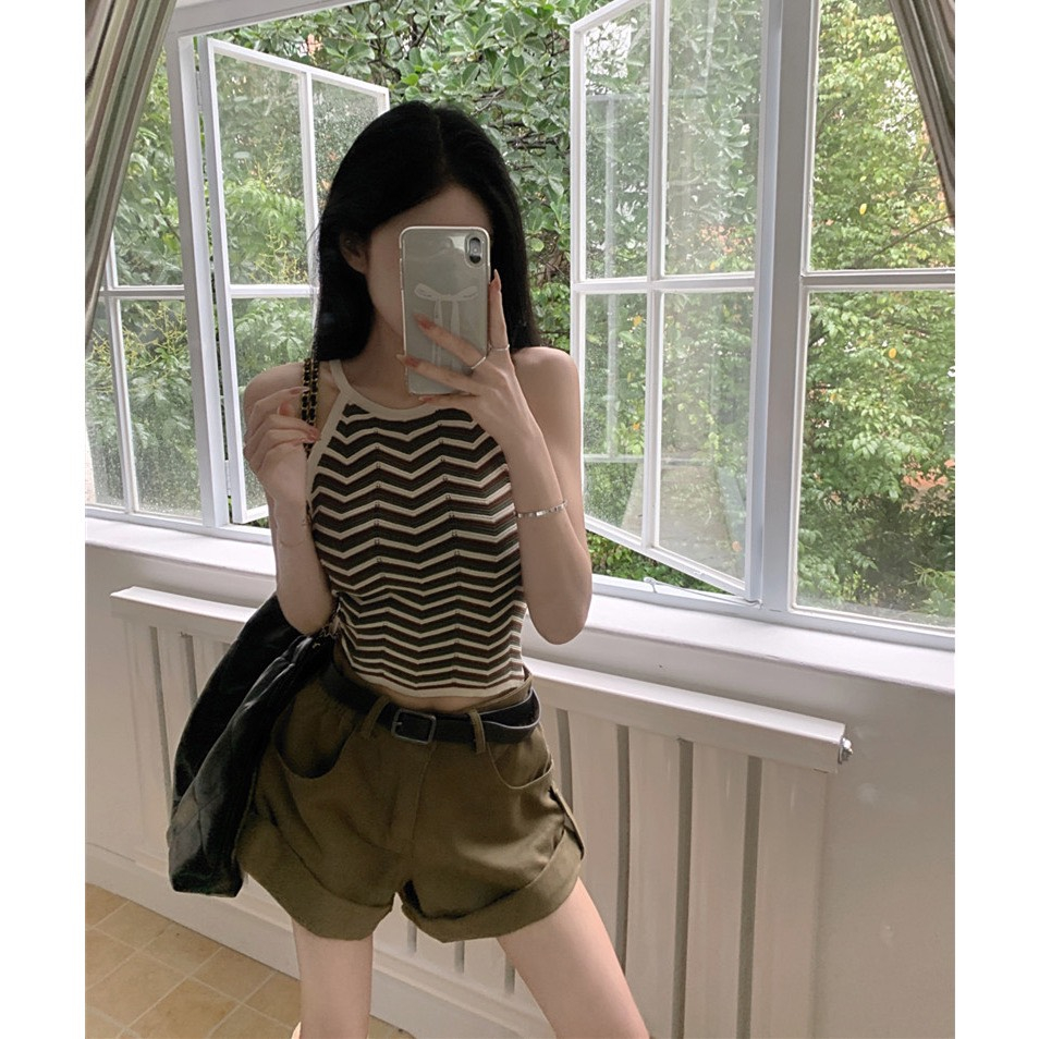 Áo sát nách nữ- Áo dệt kim sát nách dáng ôm in kẻ sọc thiết kế ngọt ngào cho Nữ 2023