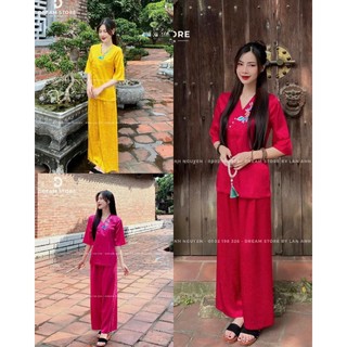 Set lam gấm đi chùa thêu hoa , đính ngọc