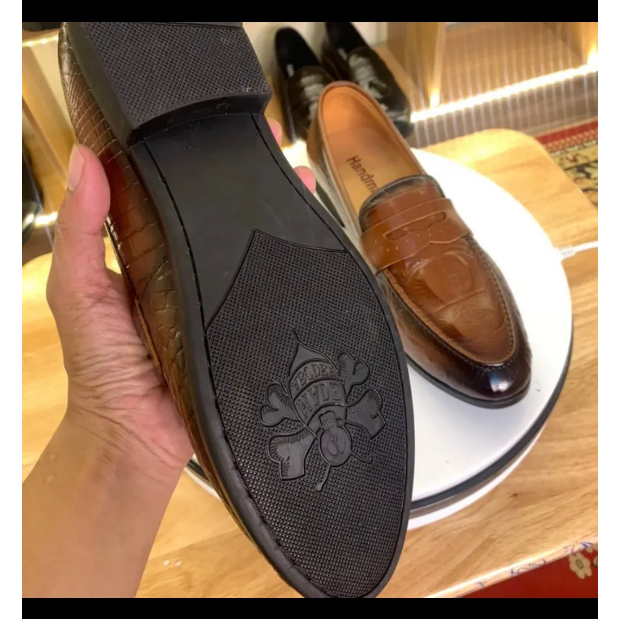 Giày tây nam công sở dập vân cá sấu - giày da bò đế cao su non đúc