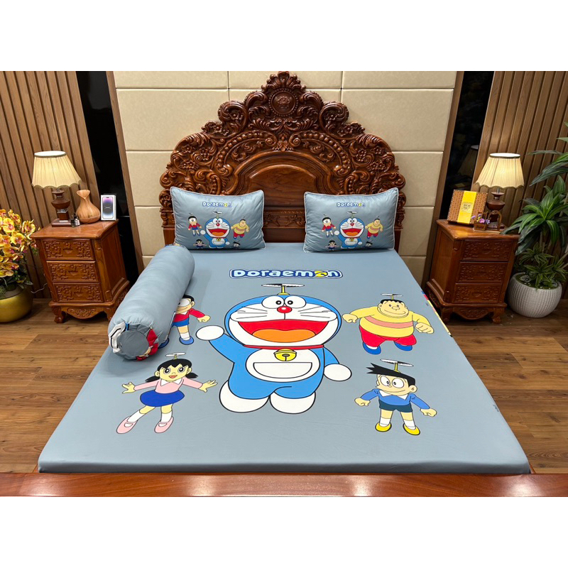 Bộ chăn ga gối Doremon, Xuka thun lạnh 5D Cao  Cấp nhân may đủ kích thước
