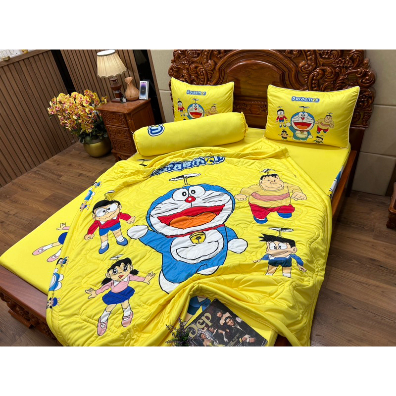 Bộ chăn ga gối Doremon, Xuka thun lạnh 5D Cao  Cấp nhân may đủ kích thước