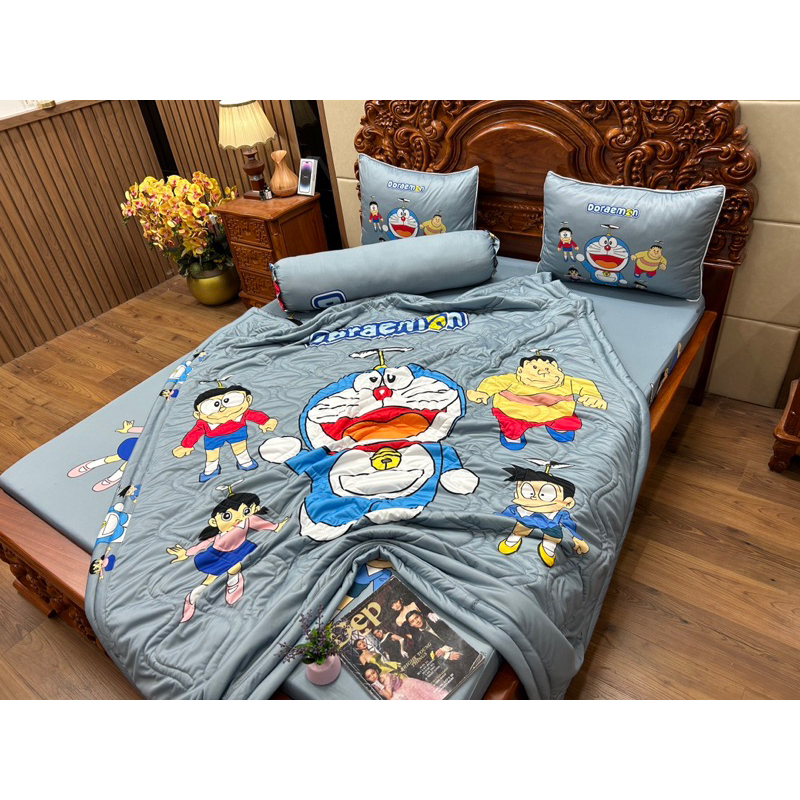 Bộ chăn ga gối Doremon, Xuka thun lạnh 5D Cao  Cấp nhân may đủ kích thước