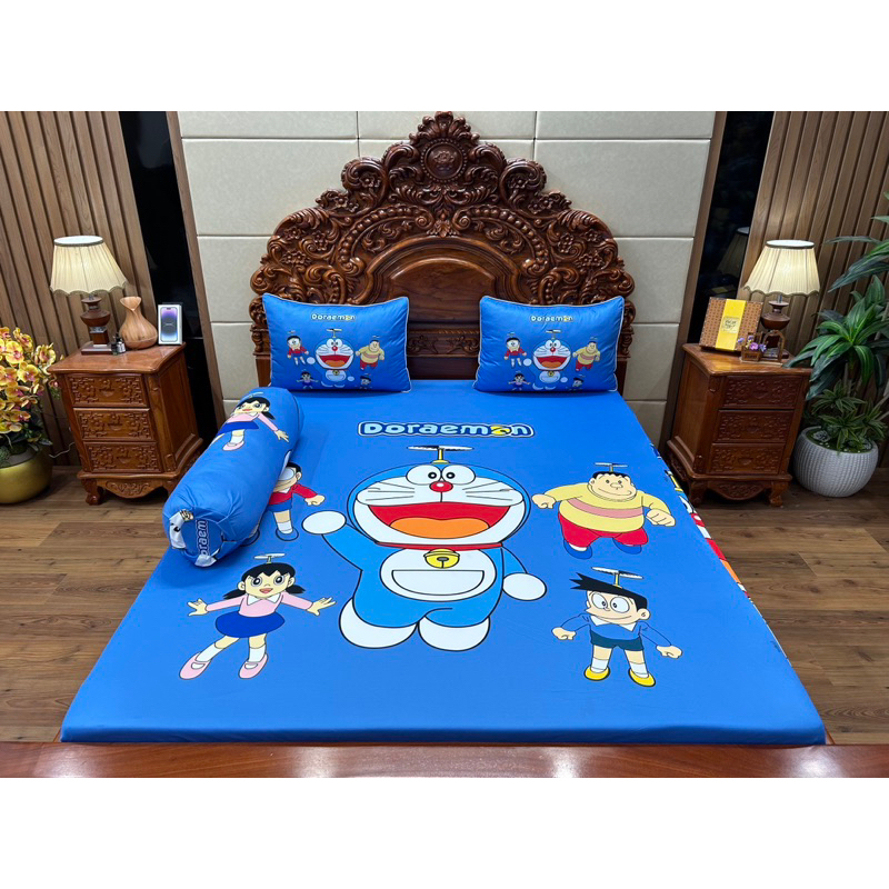 Bộ chăn ga gối Doremon, Xuka thun lạnh 5D Cao  Cấp nhân may đủ kích thước