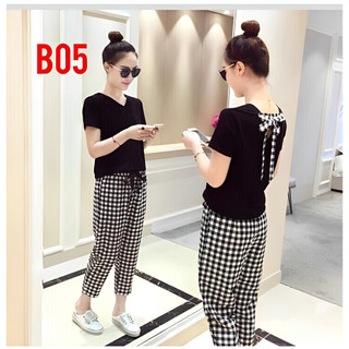 Oversize ( 55-65 kg) Set Bộ Đồ Nữ Thời Trang Mùa Hè, Áo Cotton Thắt Nơ Quần Caro