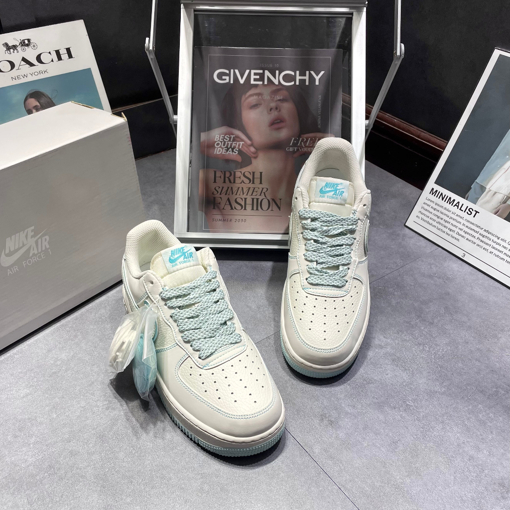 Giày thể thao af1 phản quang, giày af1 màu kem vach xanh dương custon