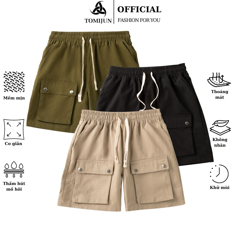 Quần short đùi kaki túi hộp cúc bấm basic thể thao phong cách Hàn Quốc nam nữ mặc cực chất TOMIJUN