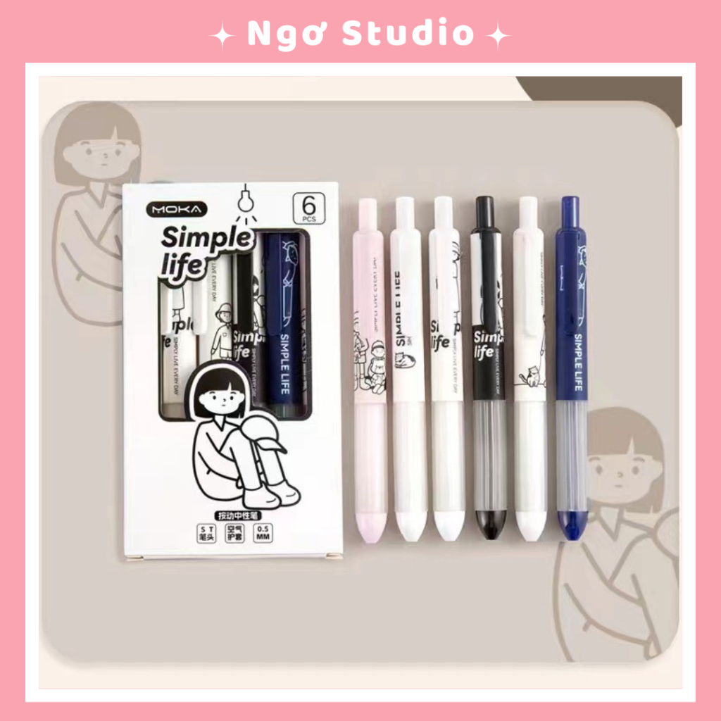 Set 6 cây bút bi bấm Simple Life  mực đen,  ngòi 0.5mm xinh xắn giá rẻ