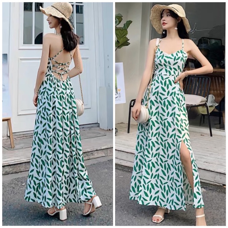 Đầm maxi hở lưng xẻ tà đan dây sau chiếc lá