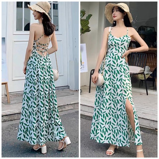 Đầm maxi hở lưng xẻ tà đan dây sau chiếc lá
