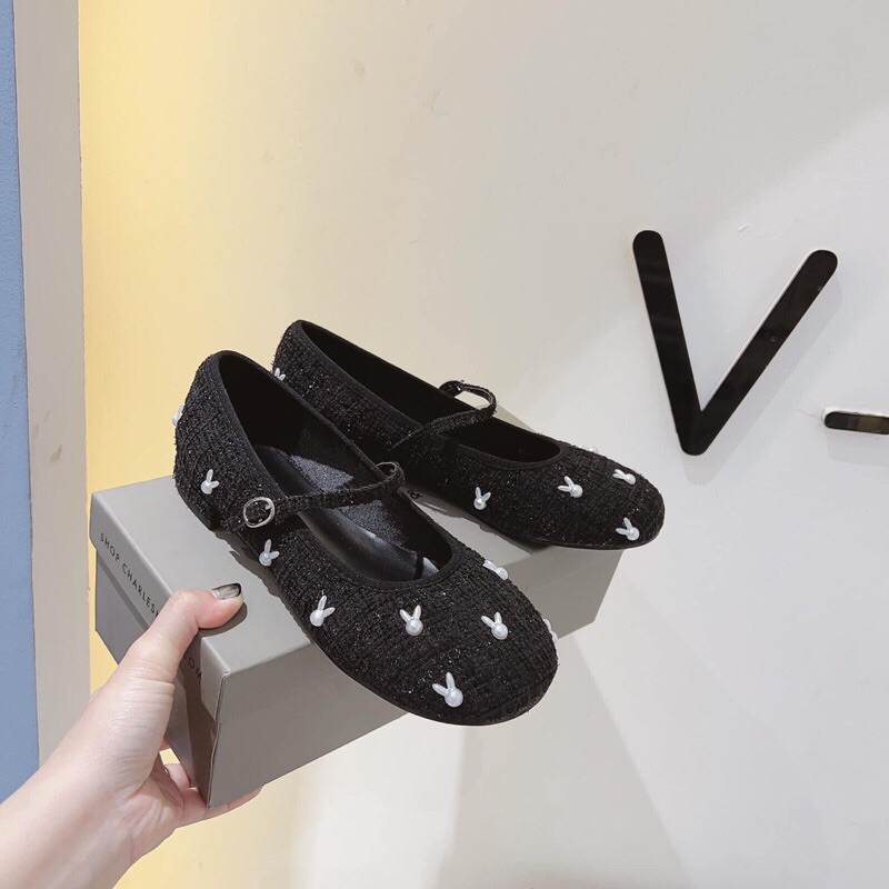 Giày búp bê đính thỏ Cnk đế 1cm phong cách tiểu thư dịu dàng hàng Fullbox hot 2023 G02