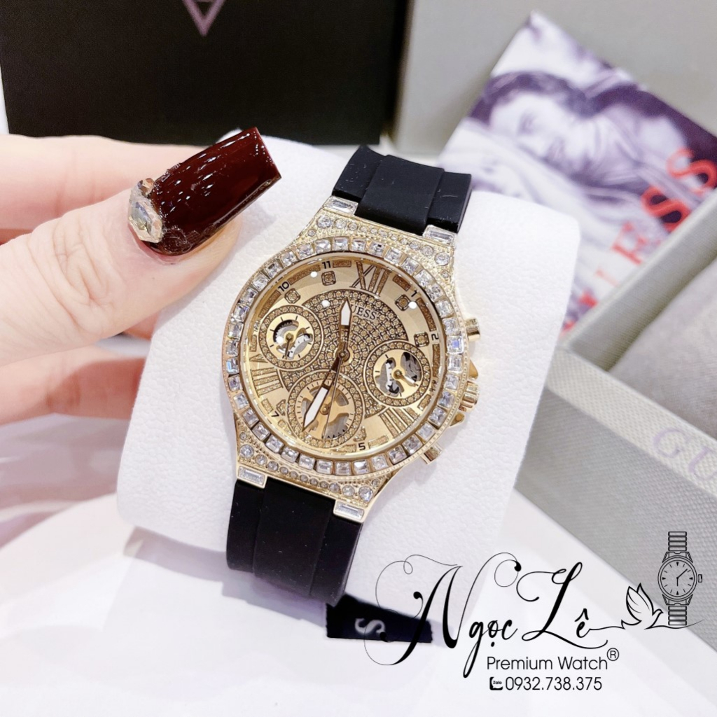 Đồng Hồ Nữ Guess GW0257L1 Dây Silicon Đen Đính Đá Vỏ Gold 36mm