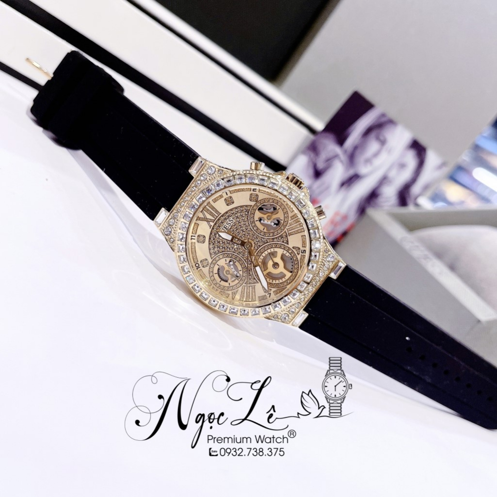 Đồng Hồ Nữ Guess GW0257L1 Dây Silicon Đen Đính Đá Vỏ Gold 36mm