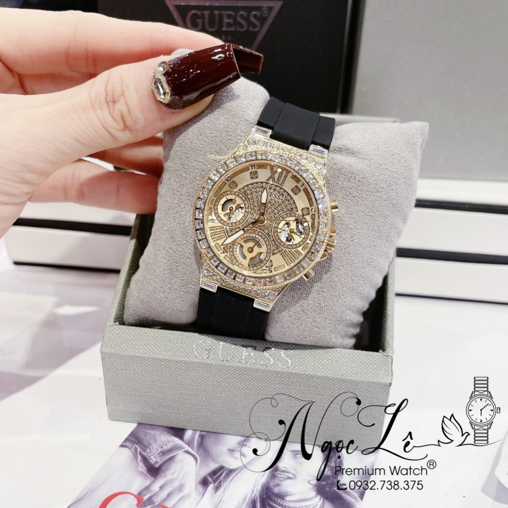 Đồng Hồ Nữ Guess GW0257L1 Dây Silicon Đen Đính Đá Vỏ Gold 36mm