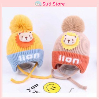 Mũ Len cho bé, mũ Len Lion hình sư tử siêu dày gắn quả bông cực ấm cho bé