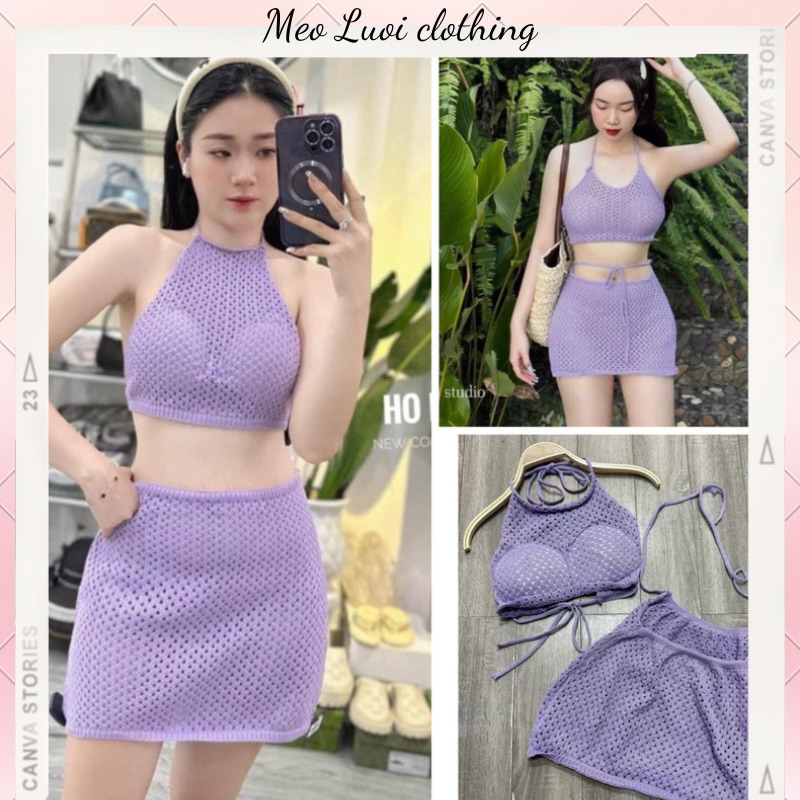 Set bikini nữ đi biển màu tím dạng lưới hàng Qc có mút ngực