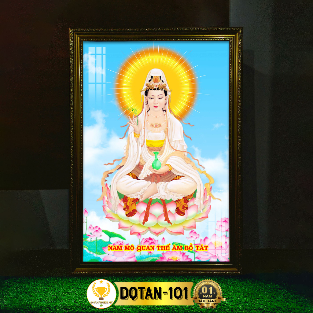 Tranh Quan Thế Âm Bồ Tát Ngồi Có Đèn CHÂN THIỆN MỸ, Trang Trí Bàn Thờ Treo Tường Cùng Tượng Phật DQTAN-101