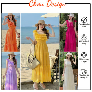 Váy đi biển dáng dài  thiết kế 2 dây tay bèo, Đầm maxi 2 tầng tơ hàn mỏng nhẹ có lớp lót VM08