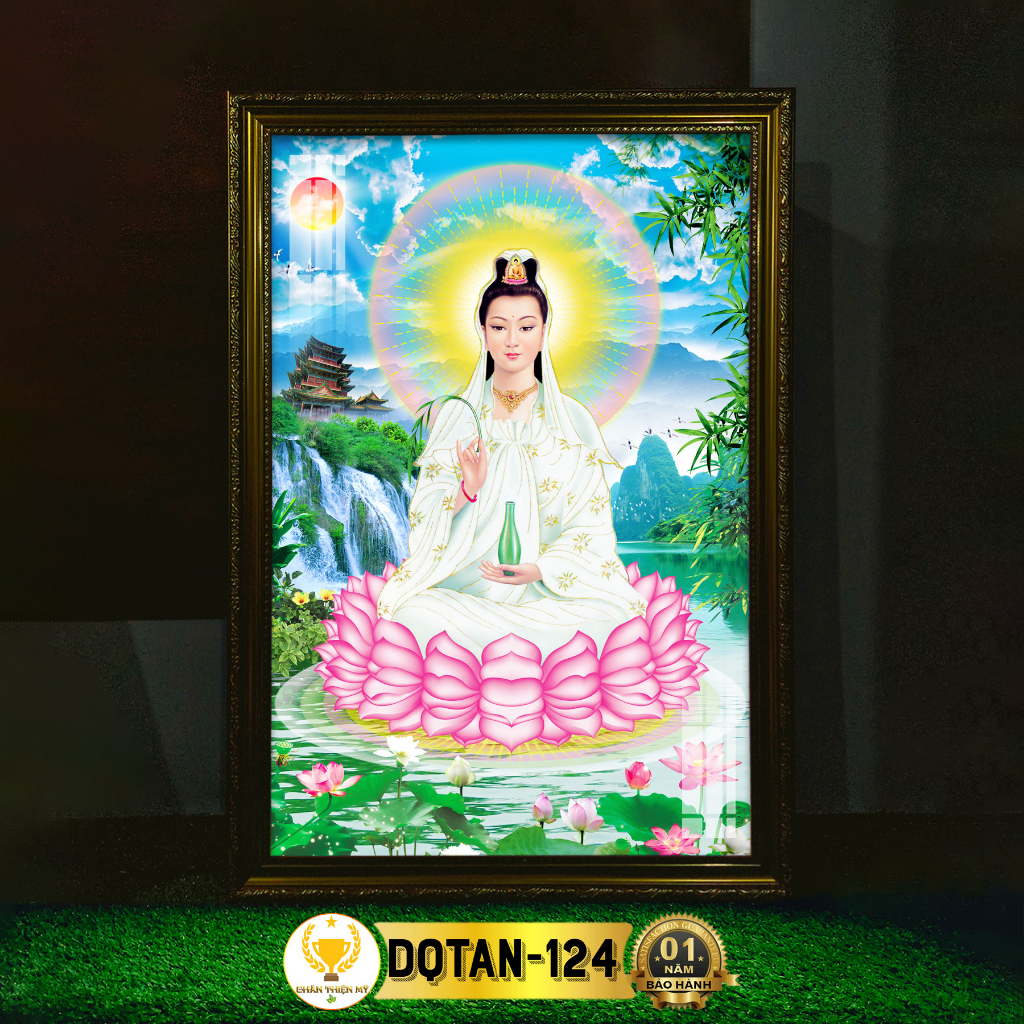 Tranh Phật Treo Tường Quan Âm Bồ Tát Ngồi Có Đèn CHÂN THIỆN MỸ, Trang Trí Phòng Thờ, Tượng Phật DQTAN-124