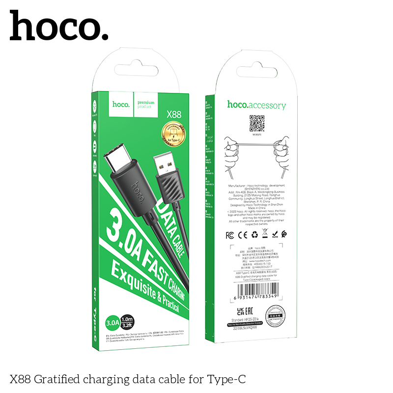 Dây Sạc Nhanh Hoco X88 Công Suất 3A Chân Type C Dành Cho Điện Thoại Oppo, Realme