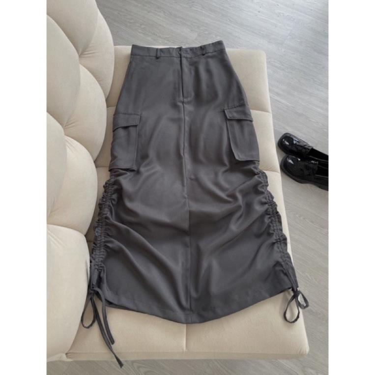 Chân Váy Dáng Dài Rút Dây Túi Hộp Vải KaKi Lên From Xinh
