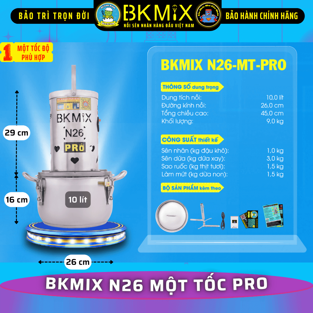 Nồi sên nhân BKMIX N26-MT-PRO (một tốc) sên tới 1.0kg đậu khô, Máy sên nhân bánh trung thu 10 lít - Rùa Sơ Sinh Shop