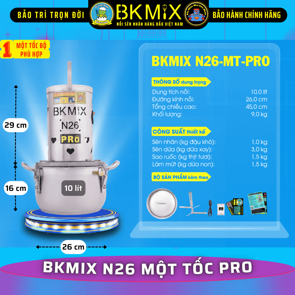 Nồi sên nhân BKMIX N26-MT-PRO (một tốc) sên tới 1.0kg đậu khô, Máy sên nhân bánh trung thu 10 lít - Rùa Sơ Sinh Shop