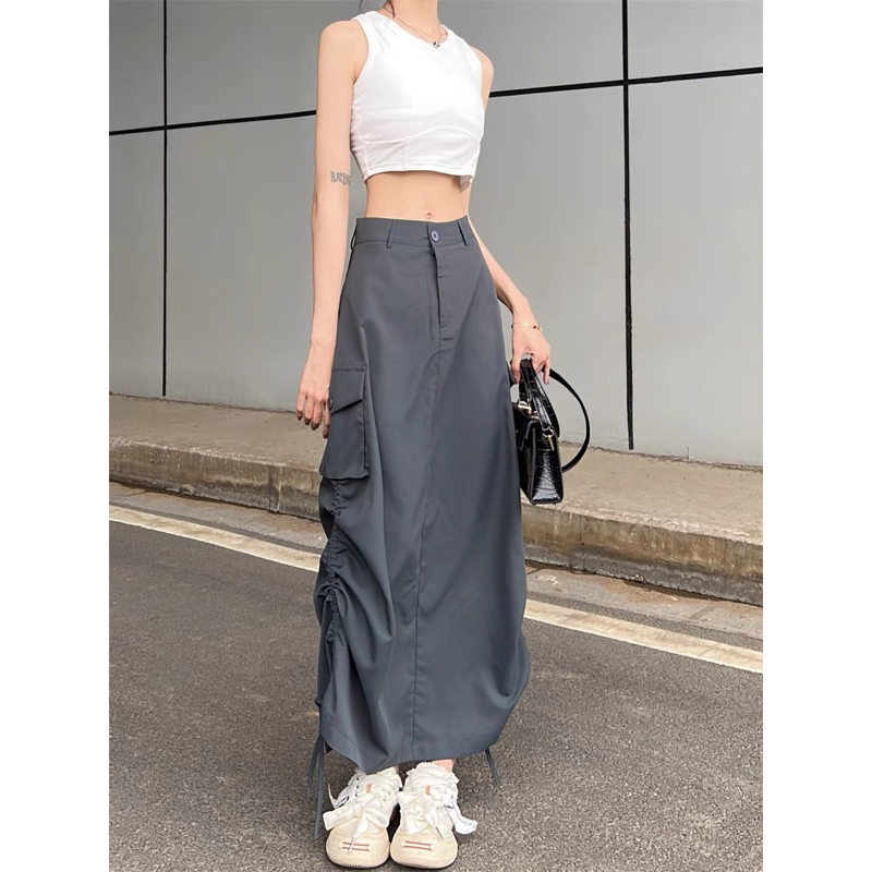 Chân Váy KaKi Dáng Dài Túi Hộp Dây Rút Bên Lên From Xinh MA400