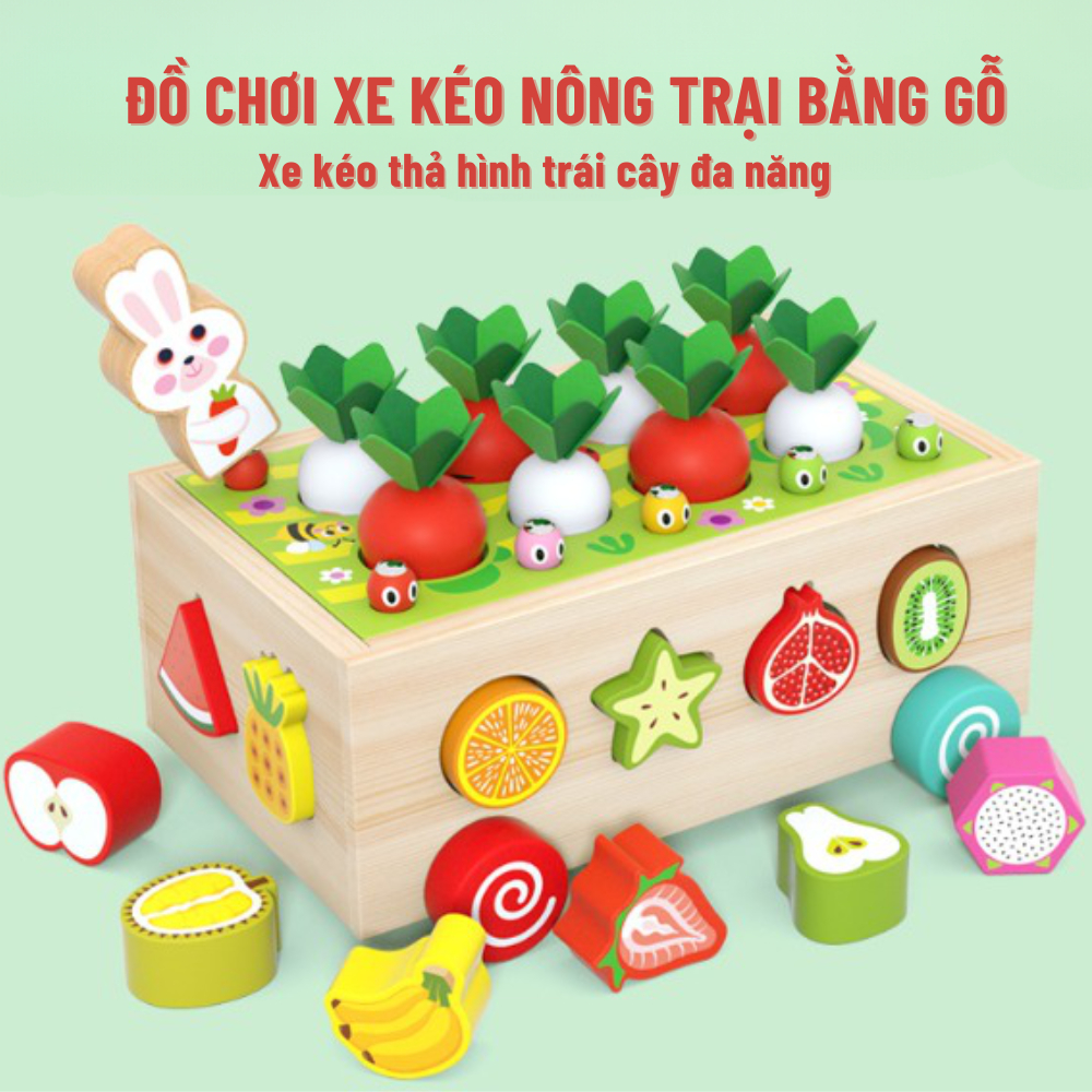 Đồ chơi xe kéo nông trại bằng gỗ 33 chi tiết, Xe kéo thả hình trái cây đa năng cho bé phát triển tư duy trí tuệ